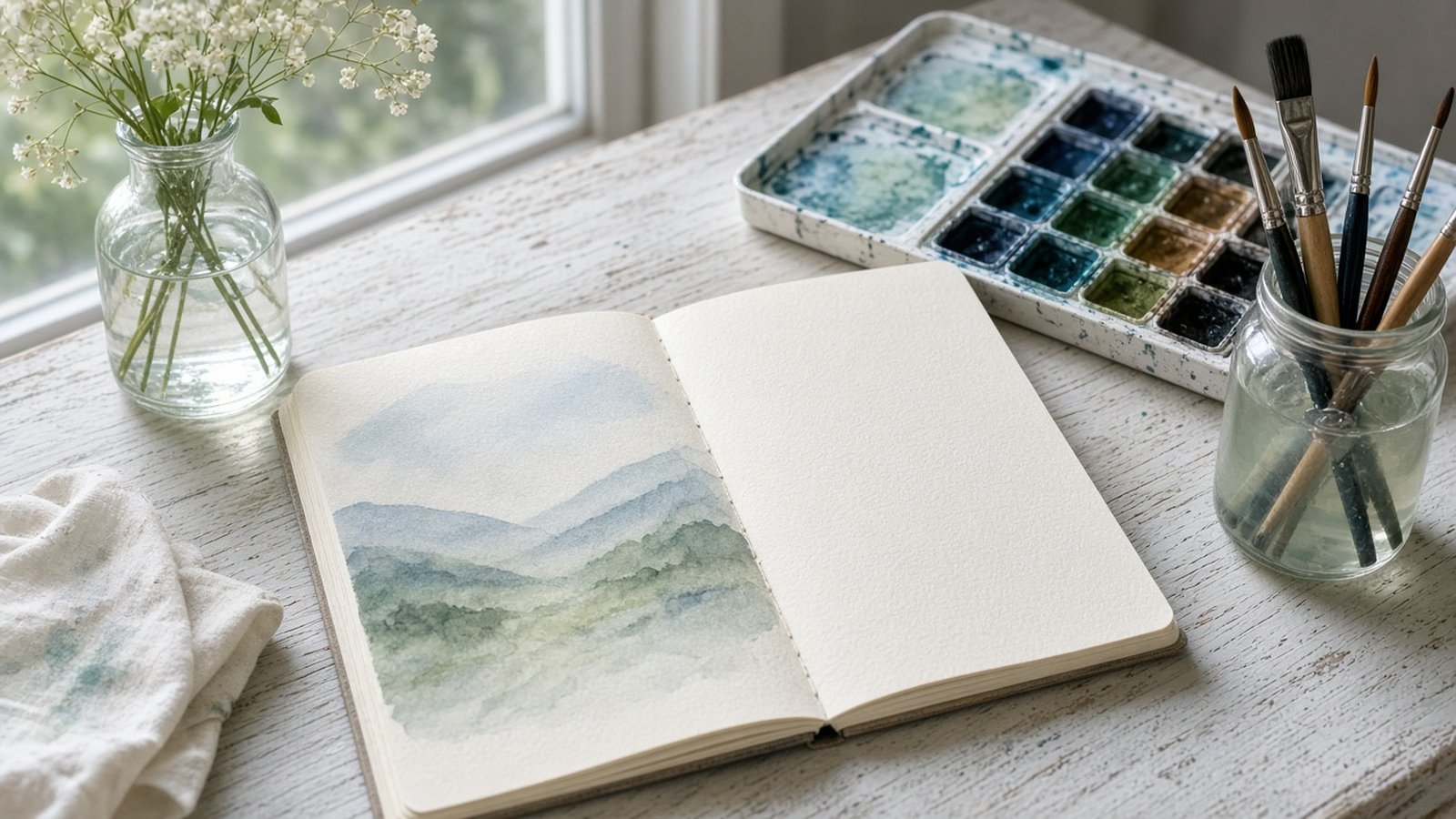 Watercolour desk with sketchbook and brushes